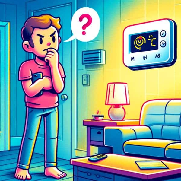 A Cartoon Style Image Of A Person Standing In A Living Room Looking Puzzled While Staring At A Thermostat On The Wall. The Thermostat Display Shows